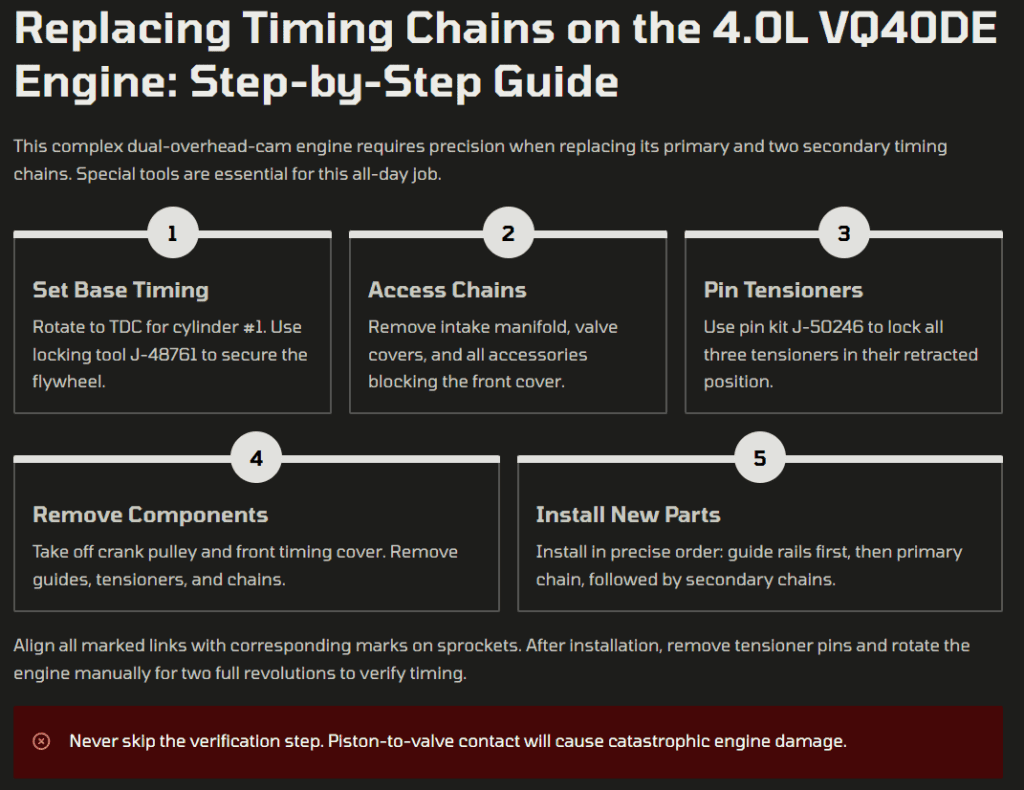 Replacing the 4.0L VQ40DE Timing Chains infographic