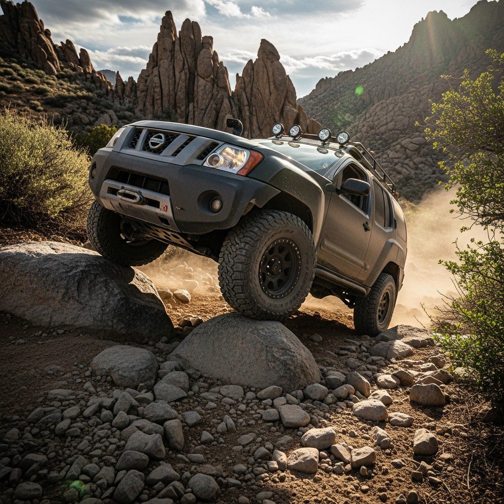 rugged nissan xterra in good condition as it's been serviced well for best long term use. it's tackling a difficult terrain