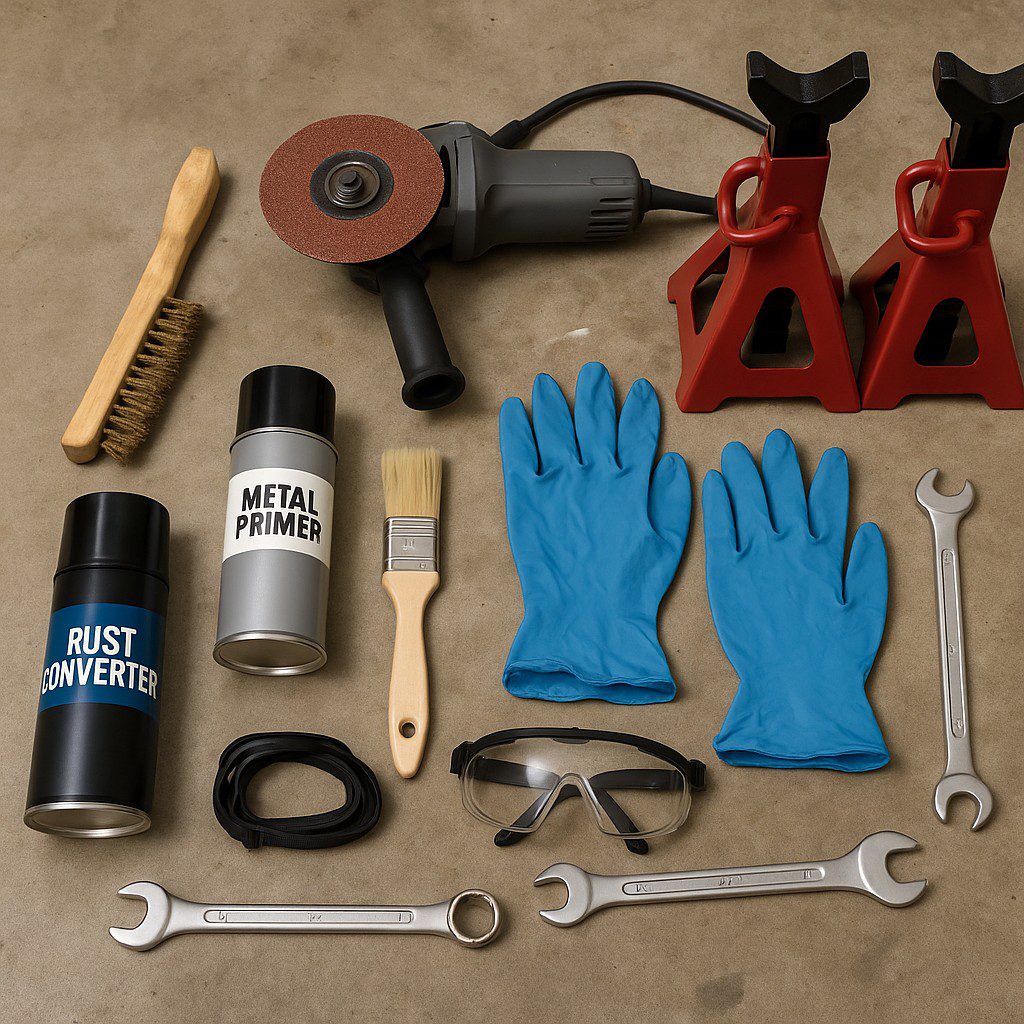 Nissan Xterra frame rust repair tools arranged on a garage floor